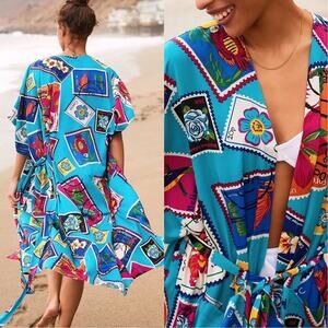 Anthropologie Postcard Stamp Print Caftan Beach Cover Up Robe Medium Blue Multi